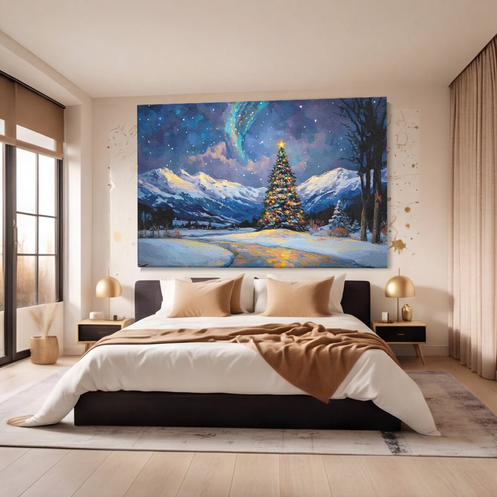 Tablou canvas cu tablou canvas cu brad impodobit noaptea, fara rama, pe sasiu de lemn, pe perete intr-un dormitor